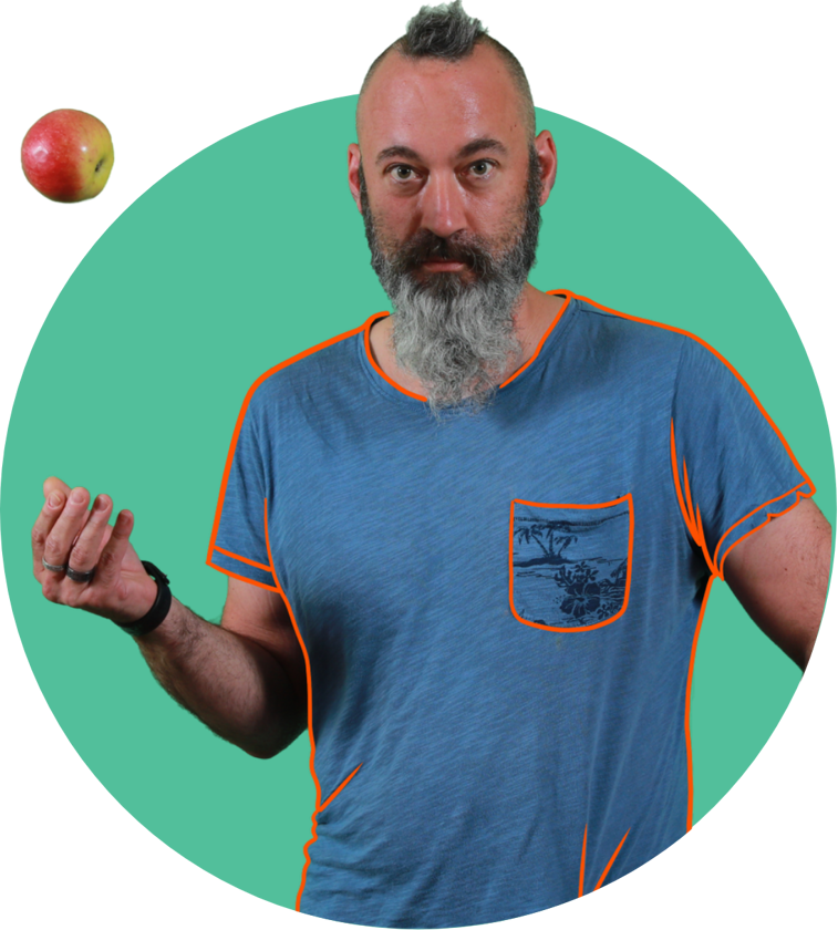 a man with a beard and a blue shirt