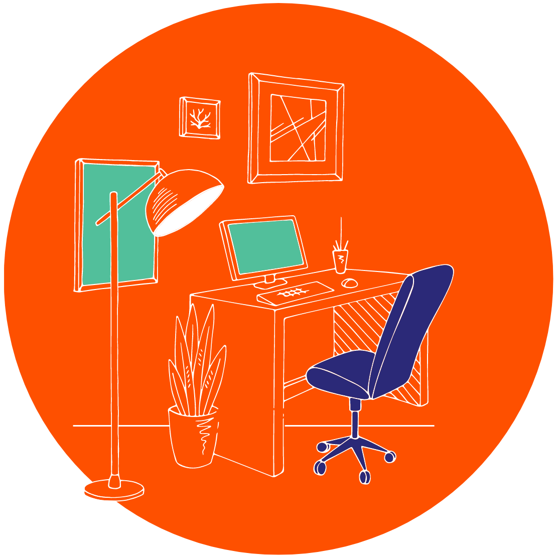 a drawing of a desk and computer