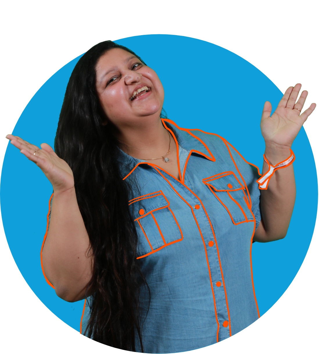 a woman with long hair and blue circle
