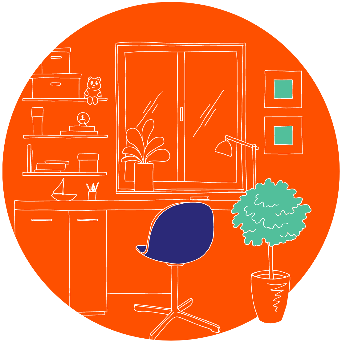 an orange circle with a chair and a plant