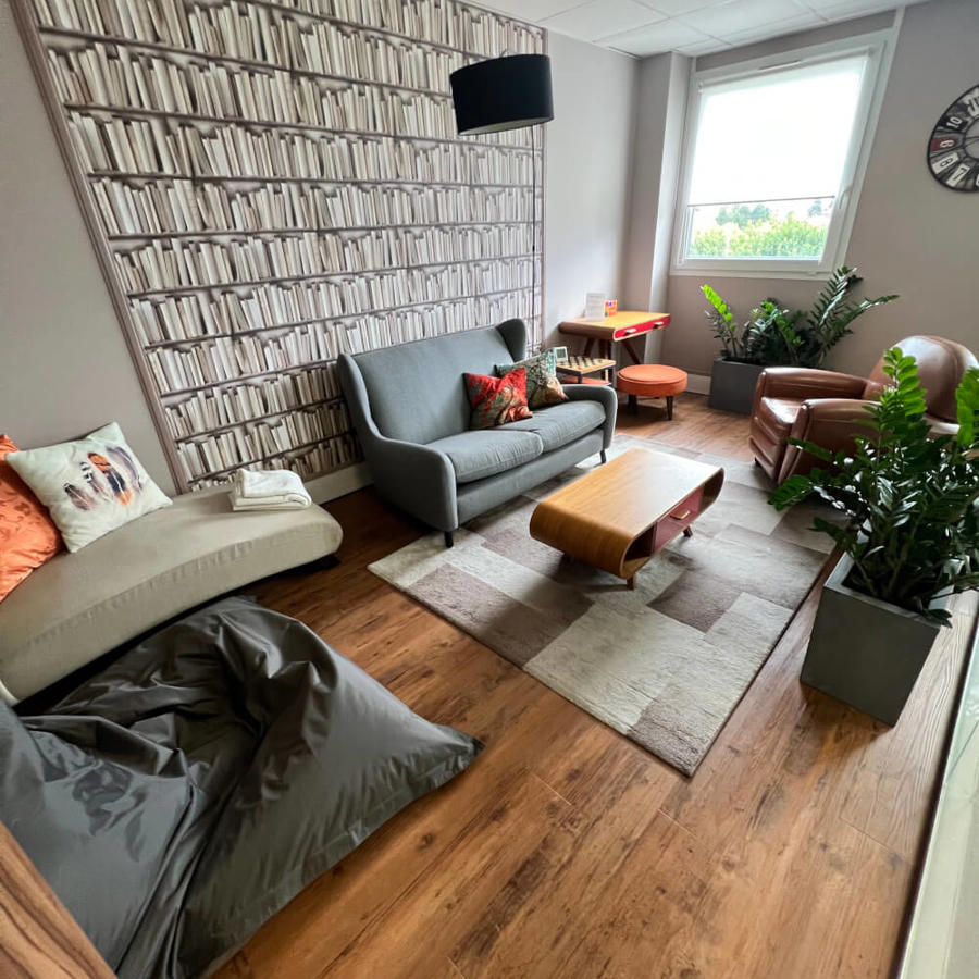 a room with a couch and a coffee table