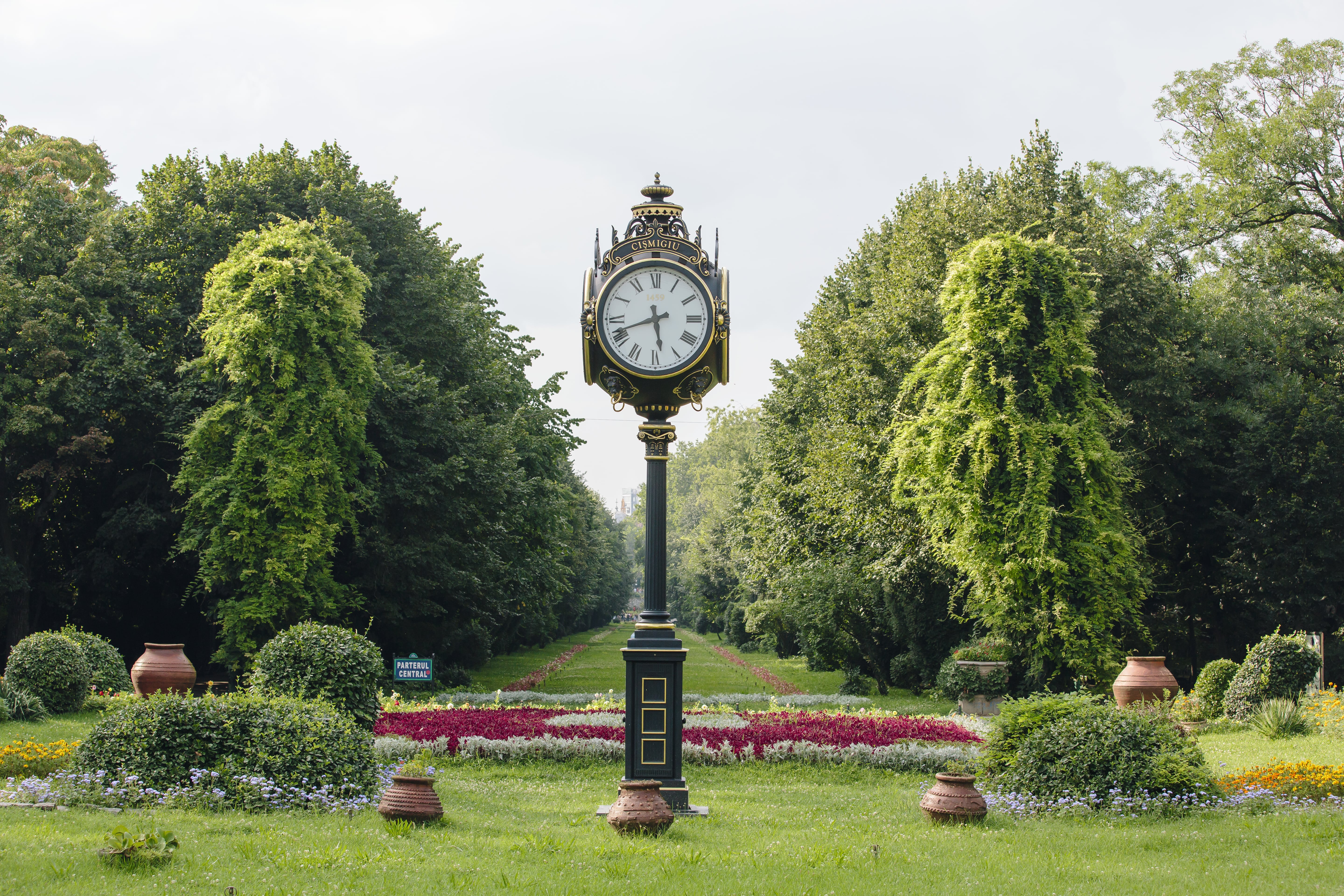 a clock on a pole in a park