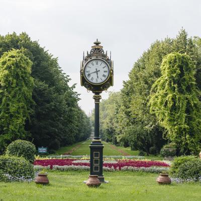 a clock on a pole in a park