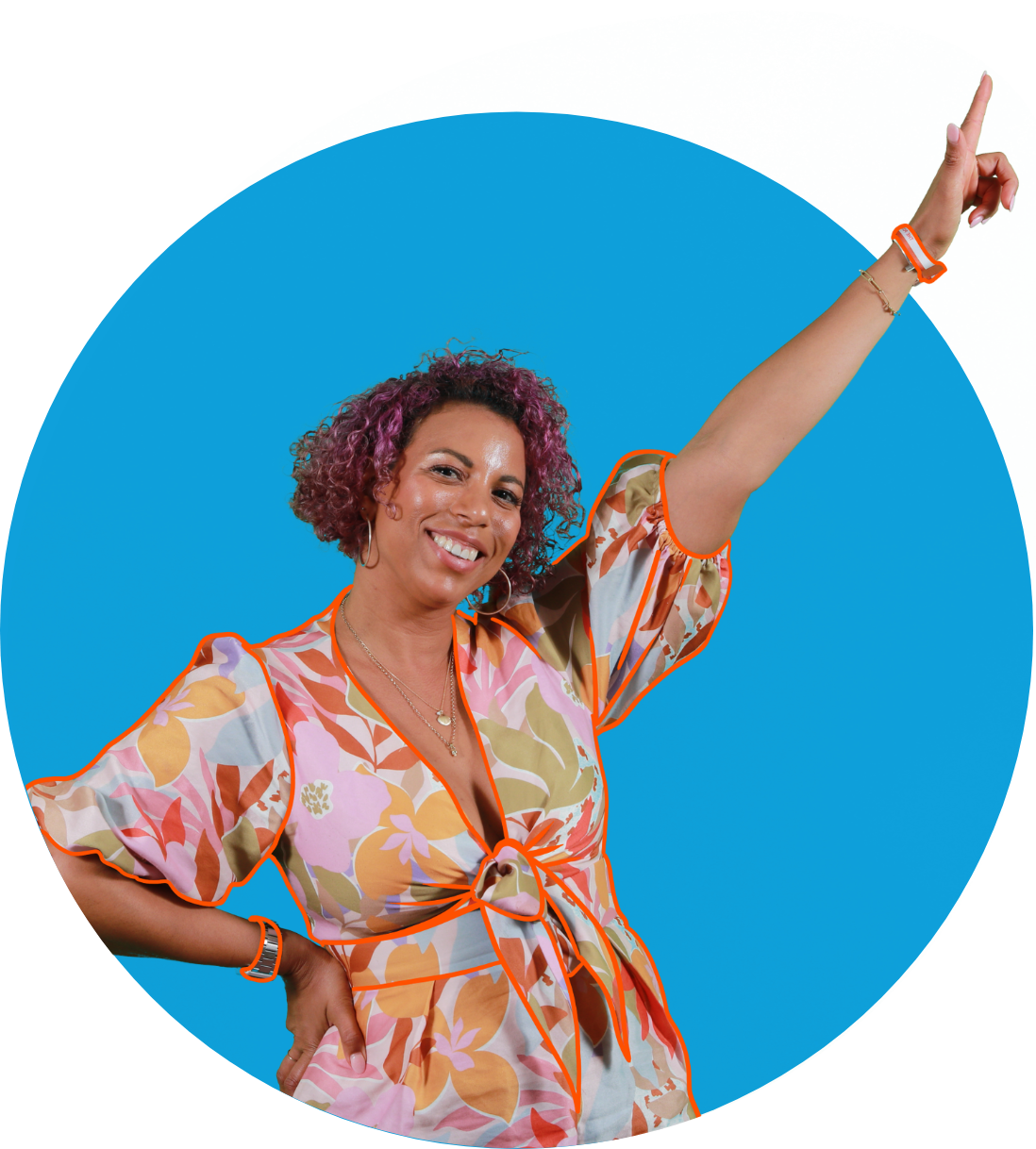 a woman with purple hair pointing up