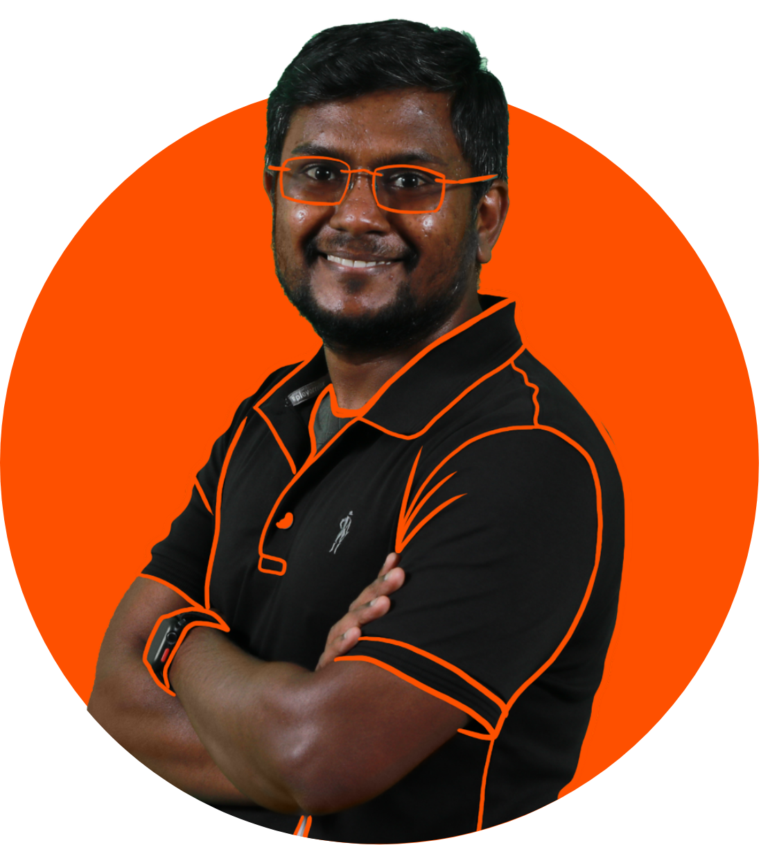 a man with glasses and a black shirt with orange outline