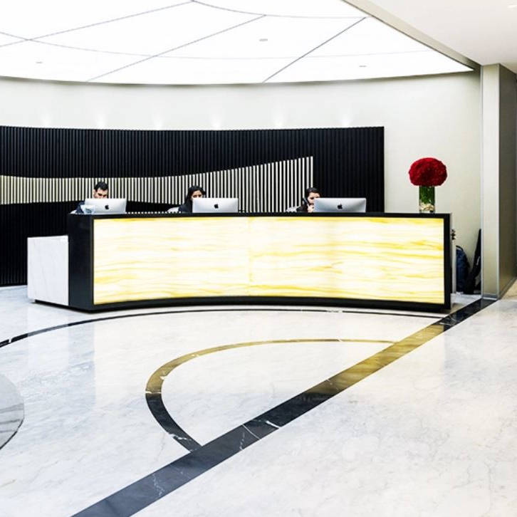 a reception desk in a building