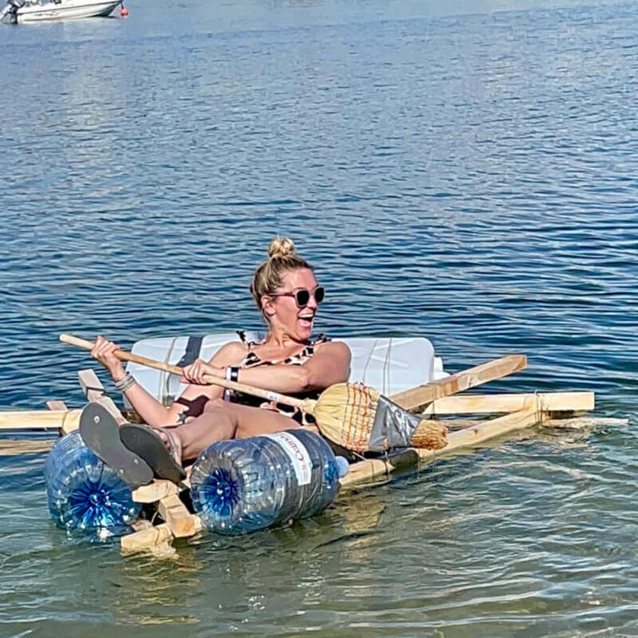 a woman in a raft on water