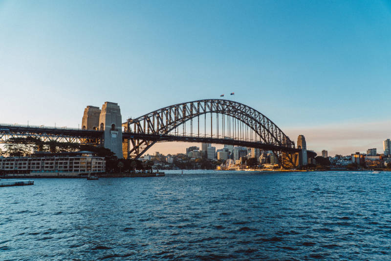 Sydney Harbour Bridge over water with buildings in the background