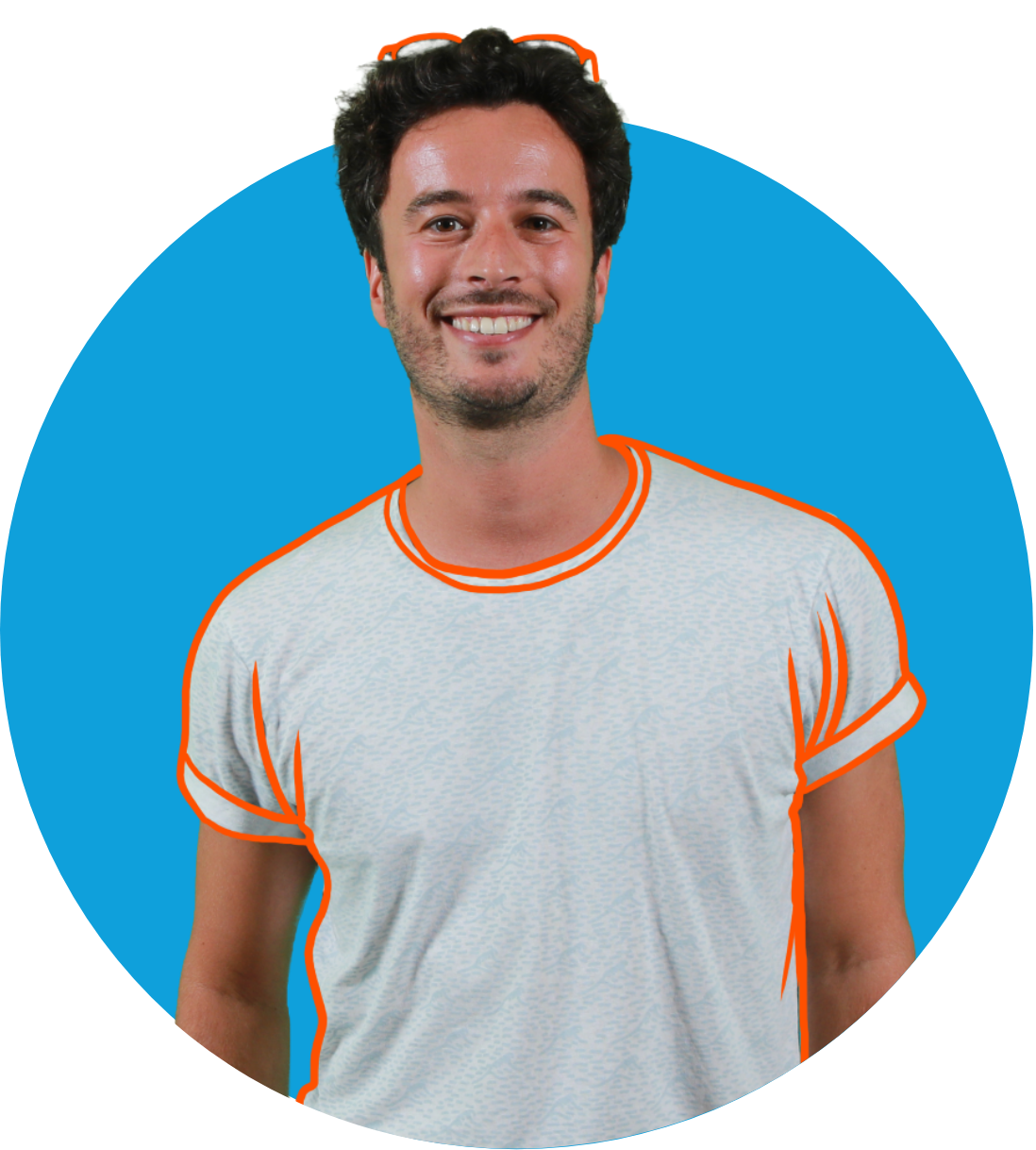 a man smiling with a blue circle