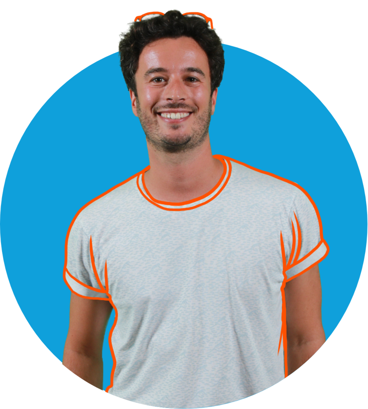 a man smiling with a blue circle