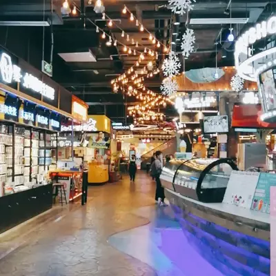 a store with lights from ceiling