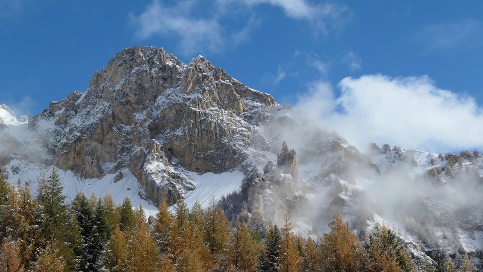 a mountain with snow and trees