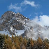a mountain with snow and trees