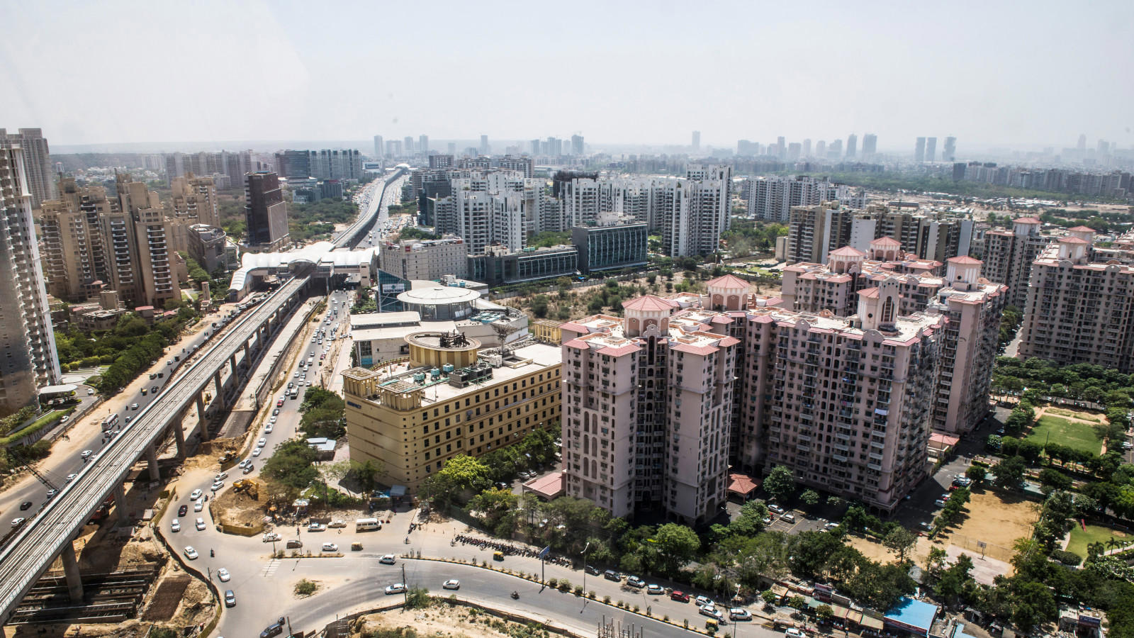 a city with many buildings and roads