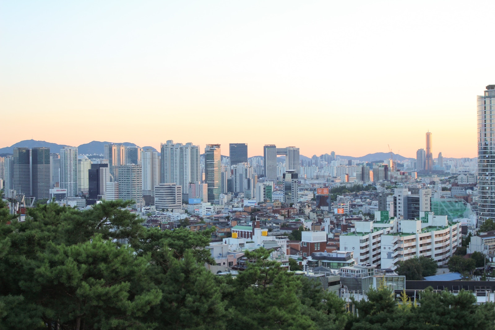 a city with trees in the background
