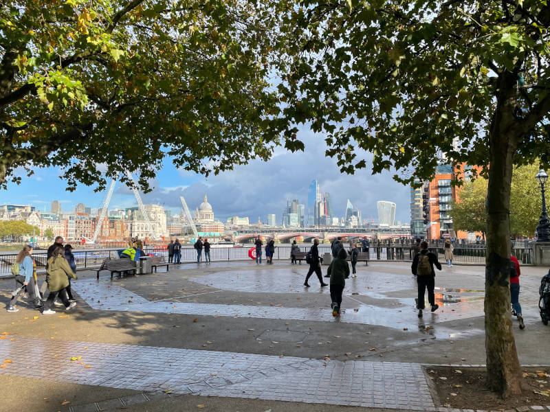 a group of people walking in a park