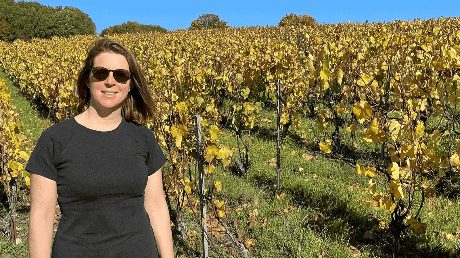 a woman standing in a vineyard