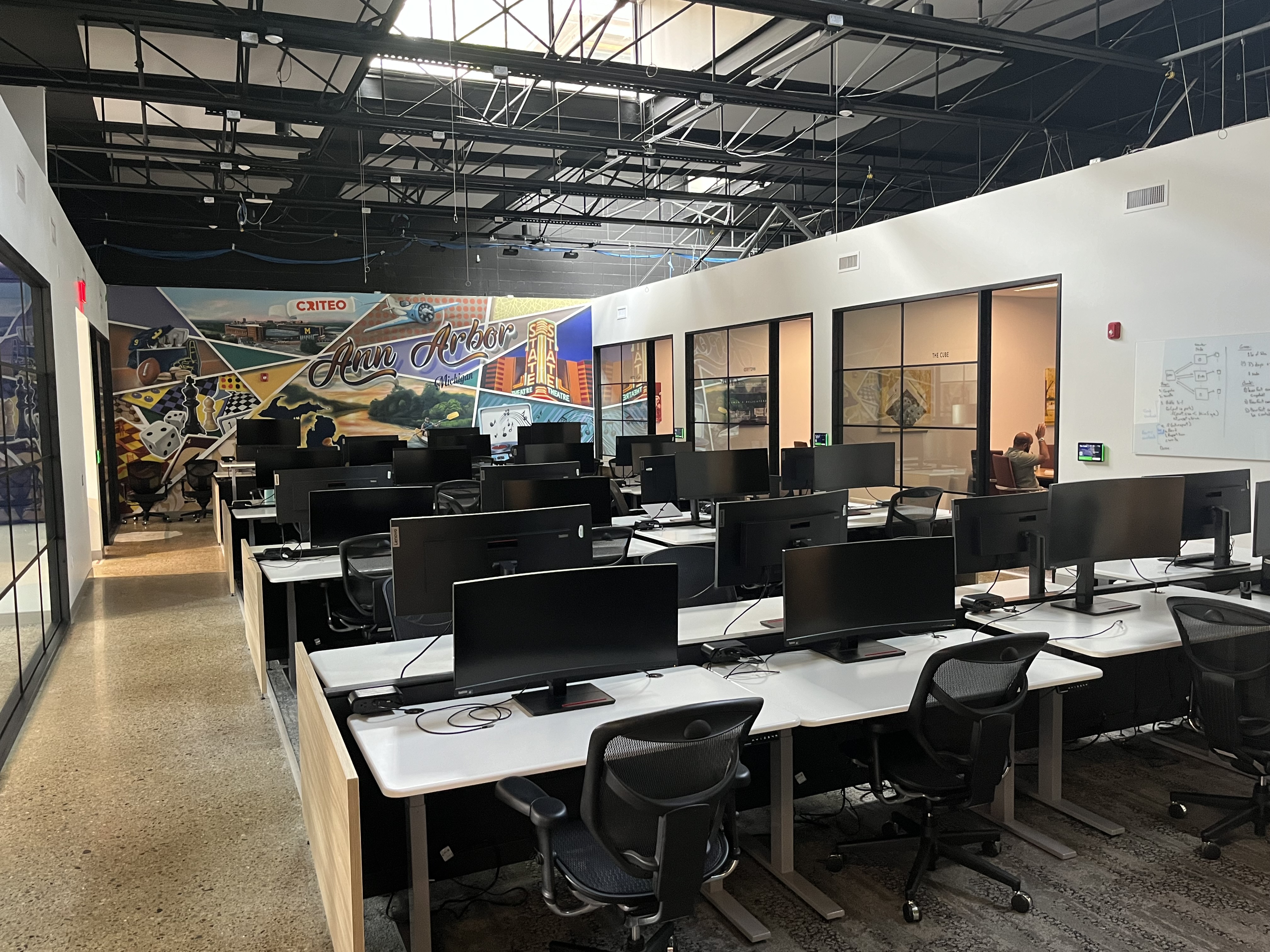 a room with computers and chairs
