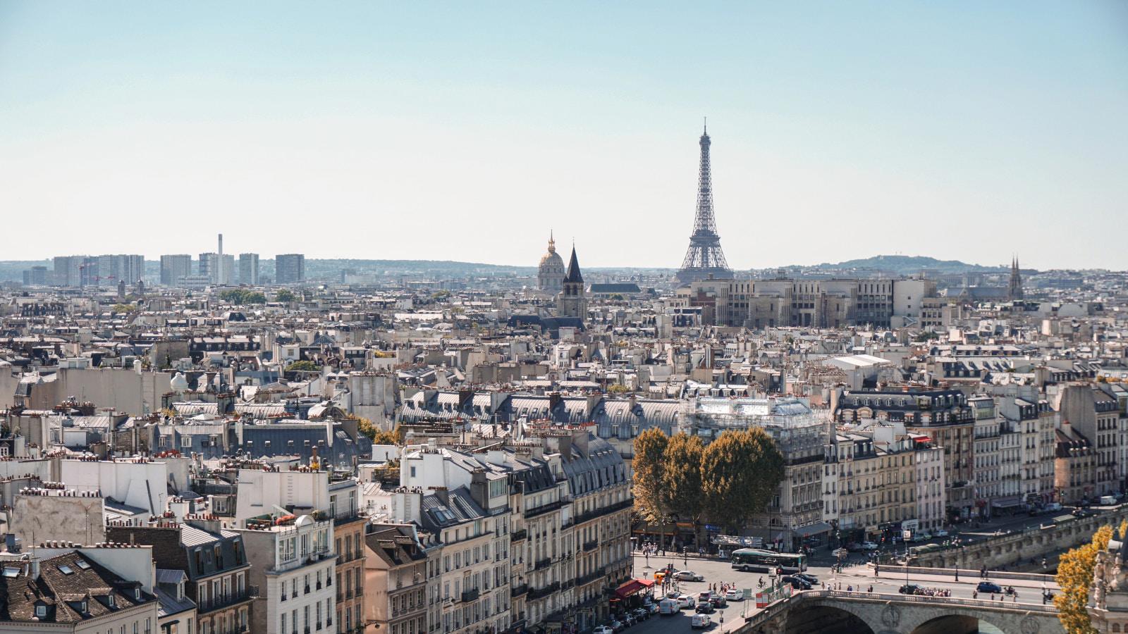 a city with a bridge and a tower in the background
